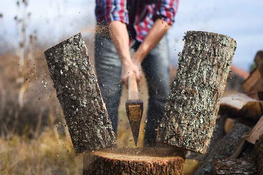 Chopping wood with an axe in the garden